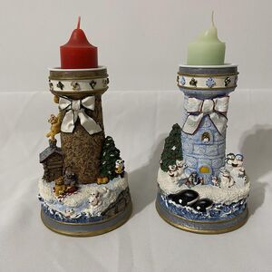 VTG Pair of Christmas Lighthouse Candlesticks Holiday Honey & Arctic Light